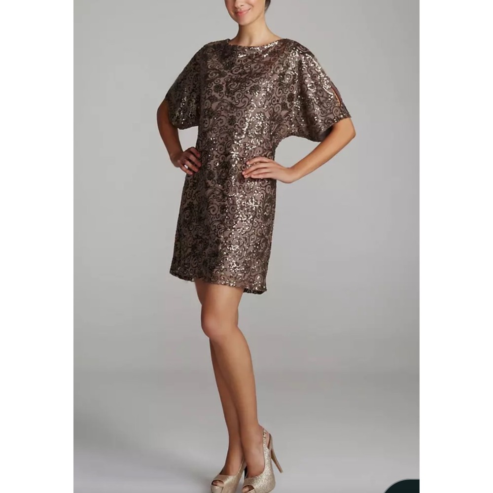 Scarlett Nite Womens Sequin Shift Dress Sz 14 Party Cocktail Bronze Short Sleeve